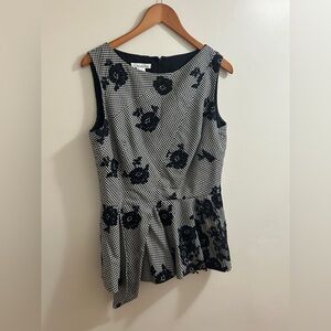 Oscar de la Renta Check and Black Lace Appliqué Floral Peplum Top